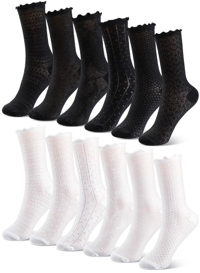 Chicingyou 12 Pairs Women's Ruffle Socks Lace Cotton Frilly Ankle Socks for Women White and Black Mesh Casual Crew Sock Christmas Gift - Image 1